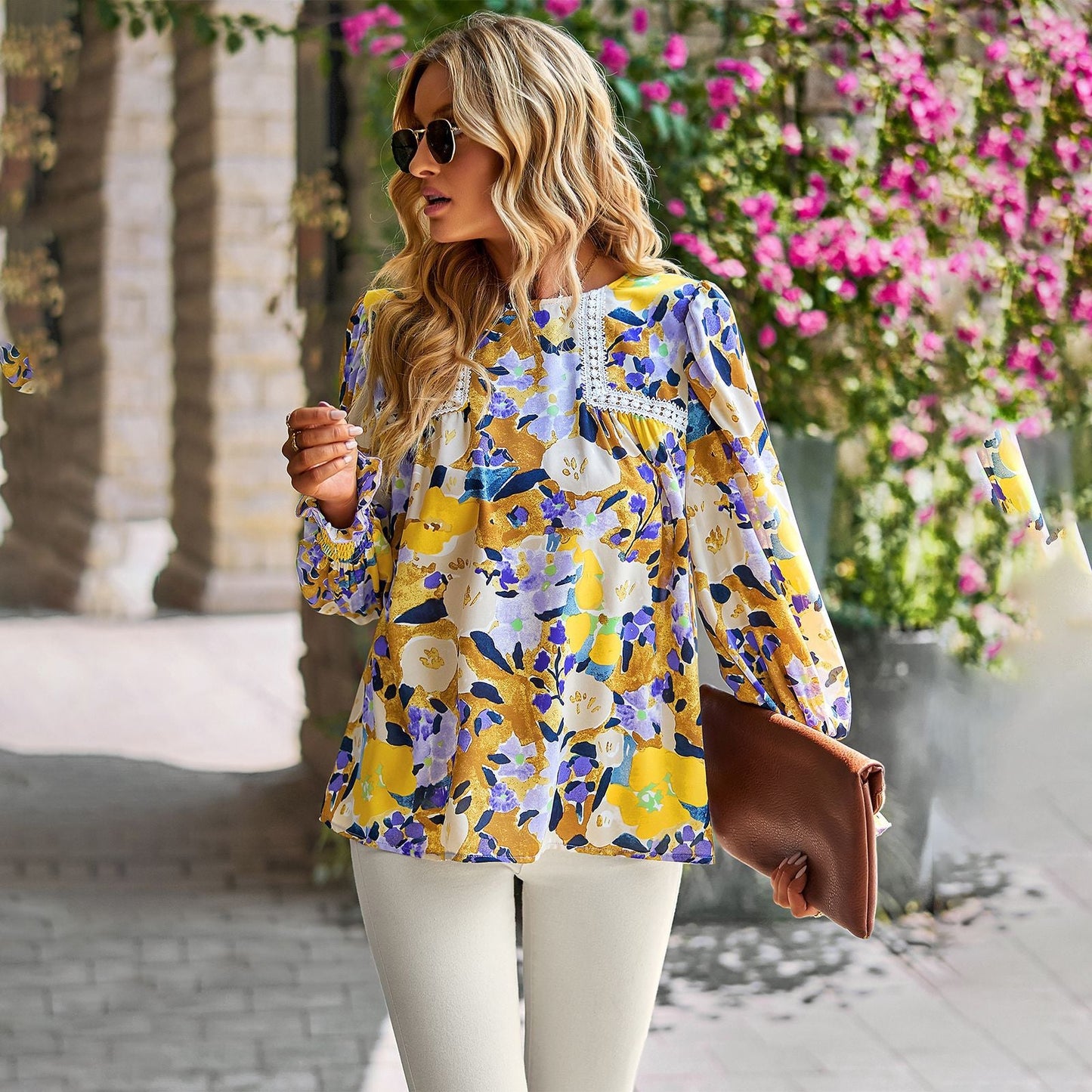 Elegant Floral Print Long Sleeves Blouses