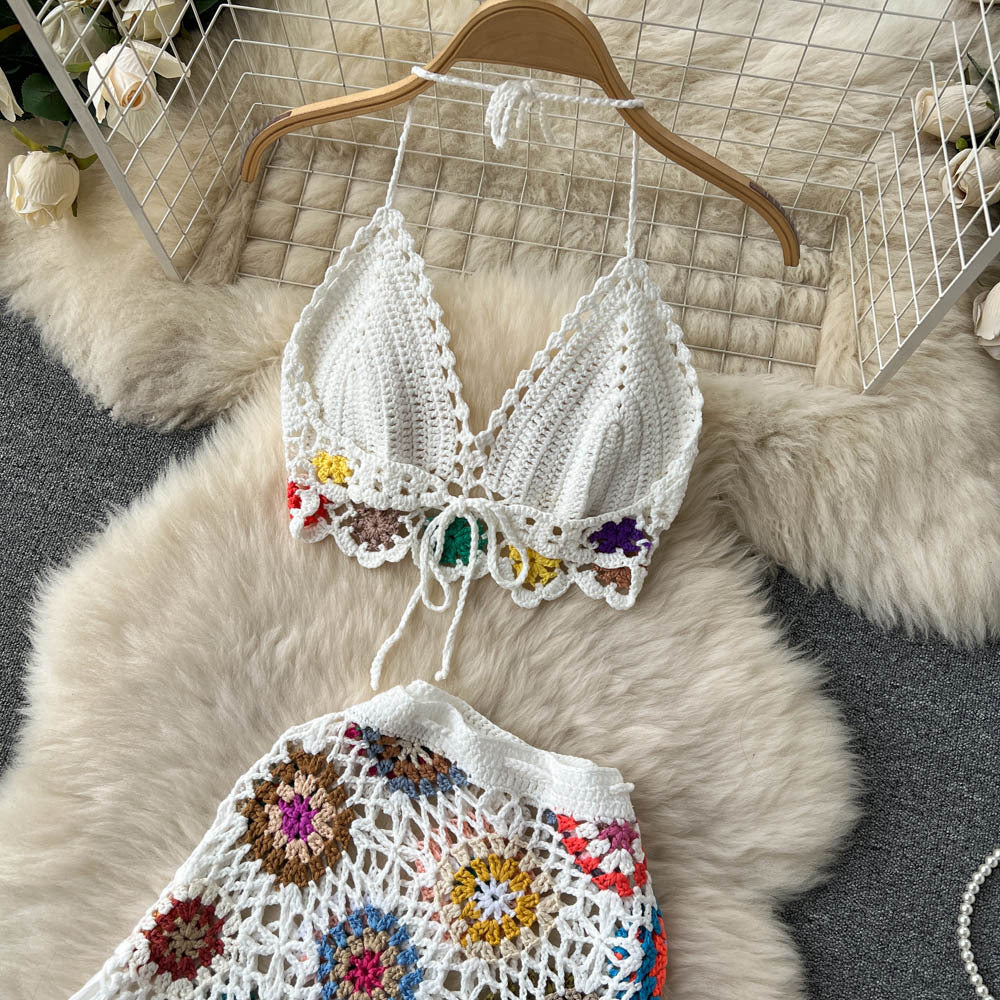 Summer Bohemian Crochet Knitted Strapless Tops & Skirts Women Sets