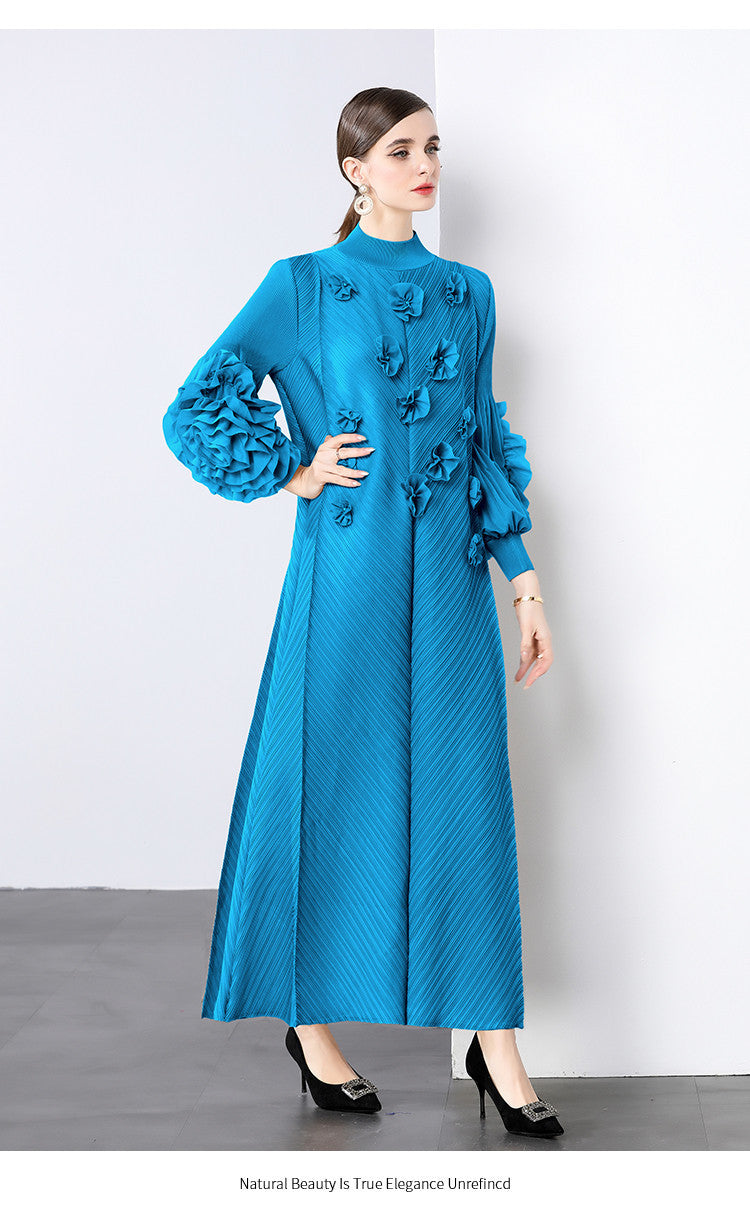 Stylish Slim-Fit Solid Color High Neck Dress with 3D Flowers