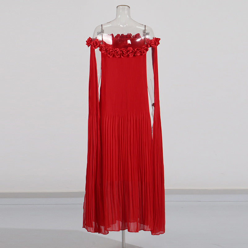 Designed Women's Floral Patchwork Maxi Dress with 3D Flower Shoulder