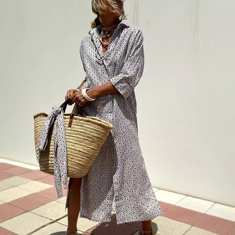 Women's half Sleeve Striped Button-Down Shirt Dress with Lapel Collar