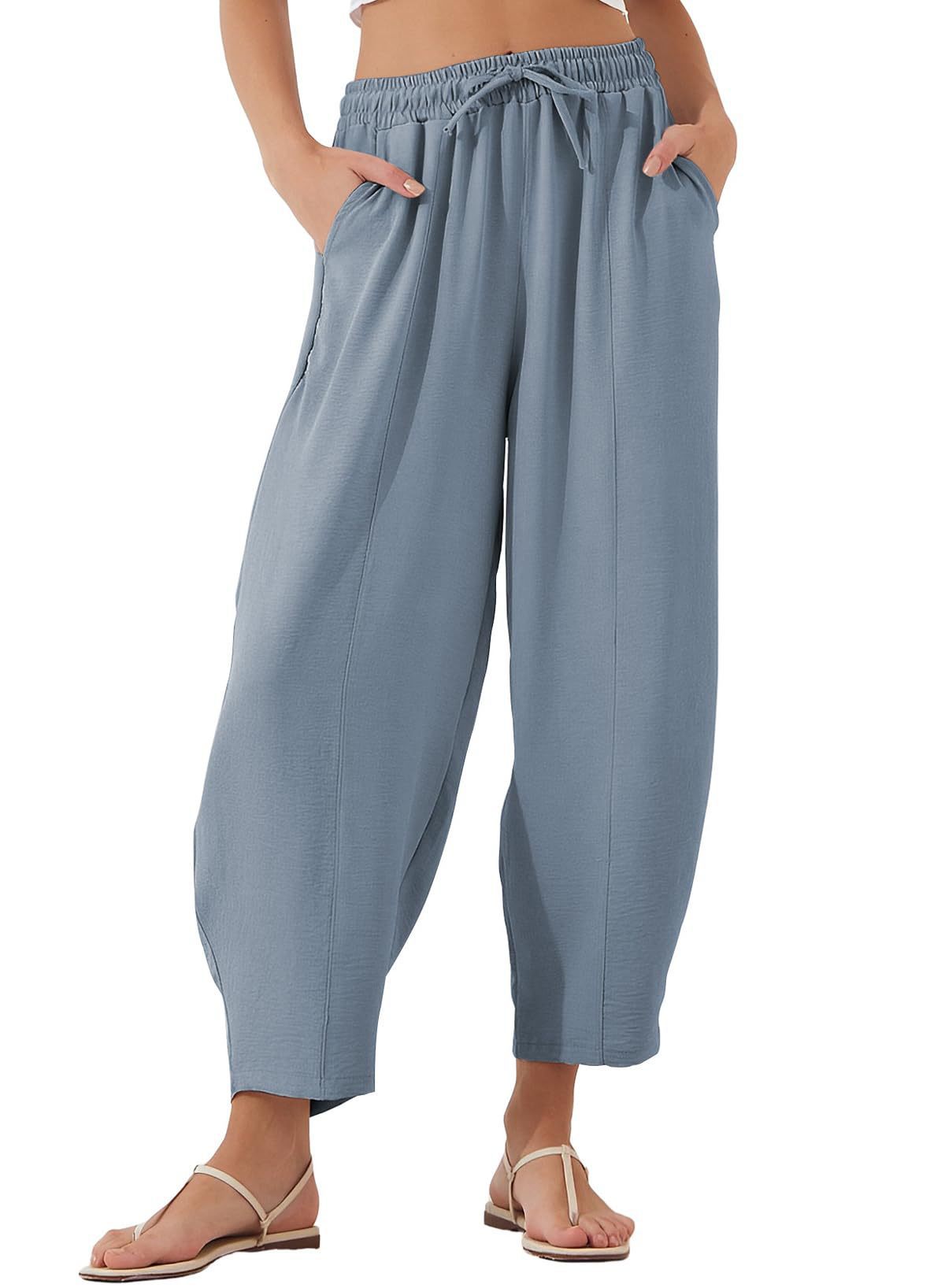 Women's Summer High-Waisted Loose Vacation Drawstring Casual Cropped Pants with Side Pockets