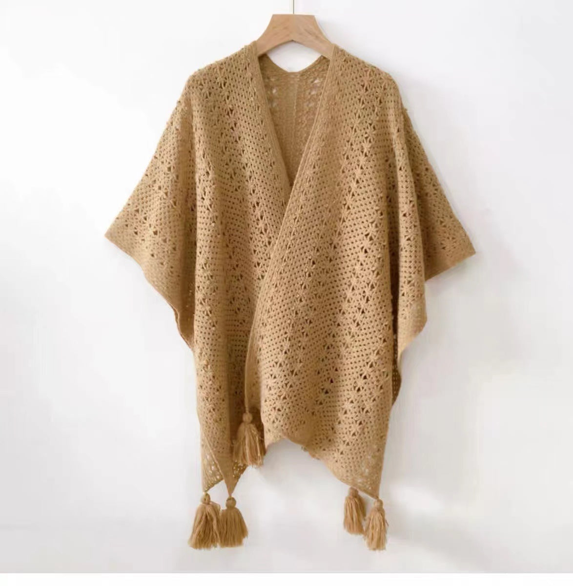 Boho Chic Knit Fringe Shawl – Ethnic Travel Wrap with Slit for Women