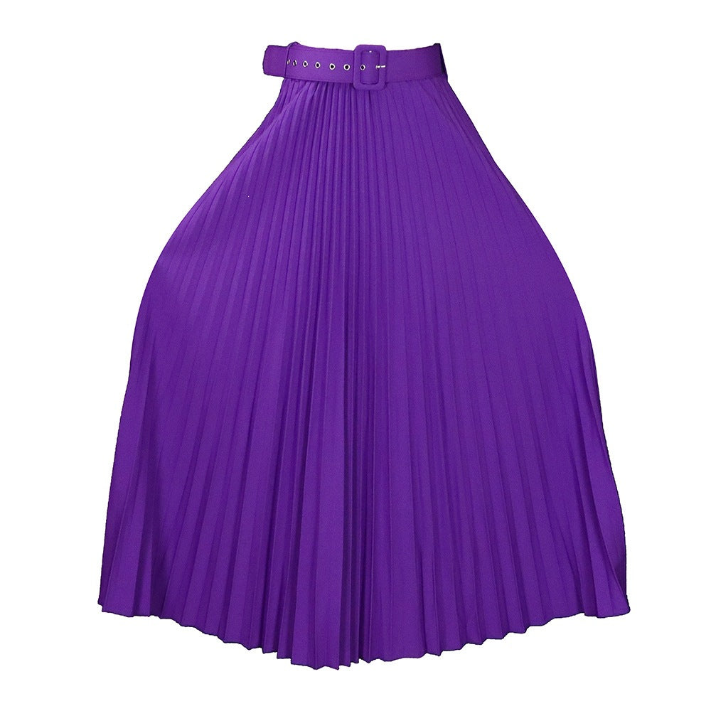 High-Waisted Pleated Midi Skirt with Belt