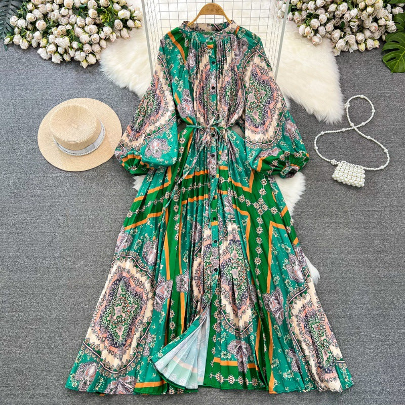 Retro Palace Style Lantern Sleeve Round Neck A-Line Floral Print Button-Down Waist Dress