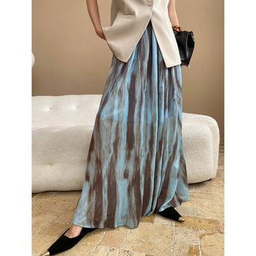High-Waisted Long Hemline Skirt with Watercolor-Ink Drape