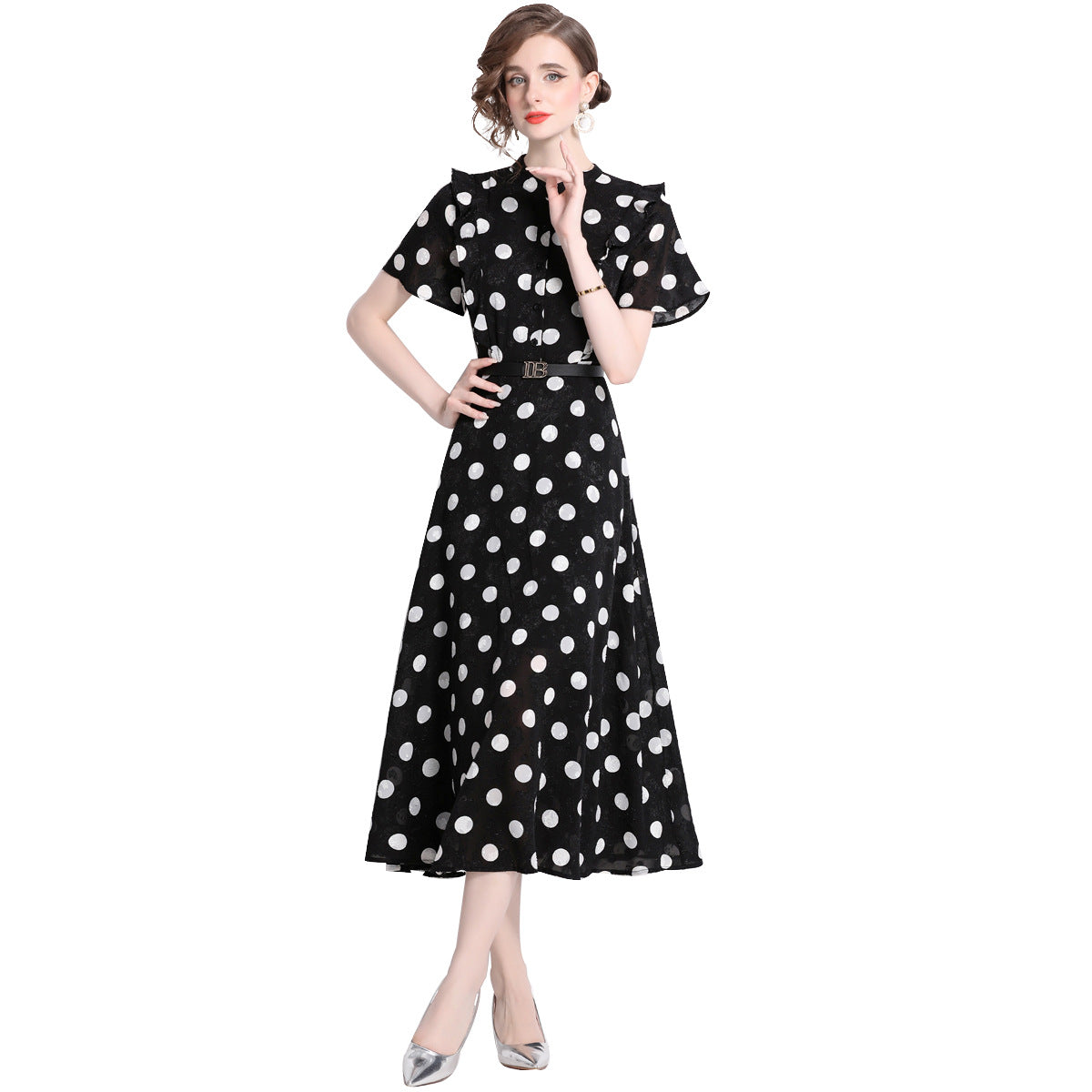 Elegant Polk Dot Short Sleeves Midi Length Dresses