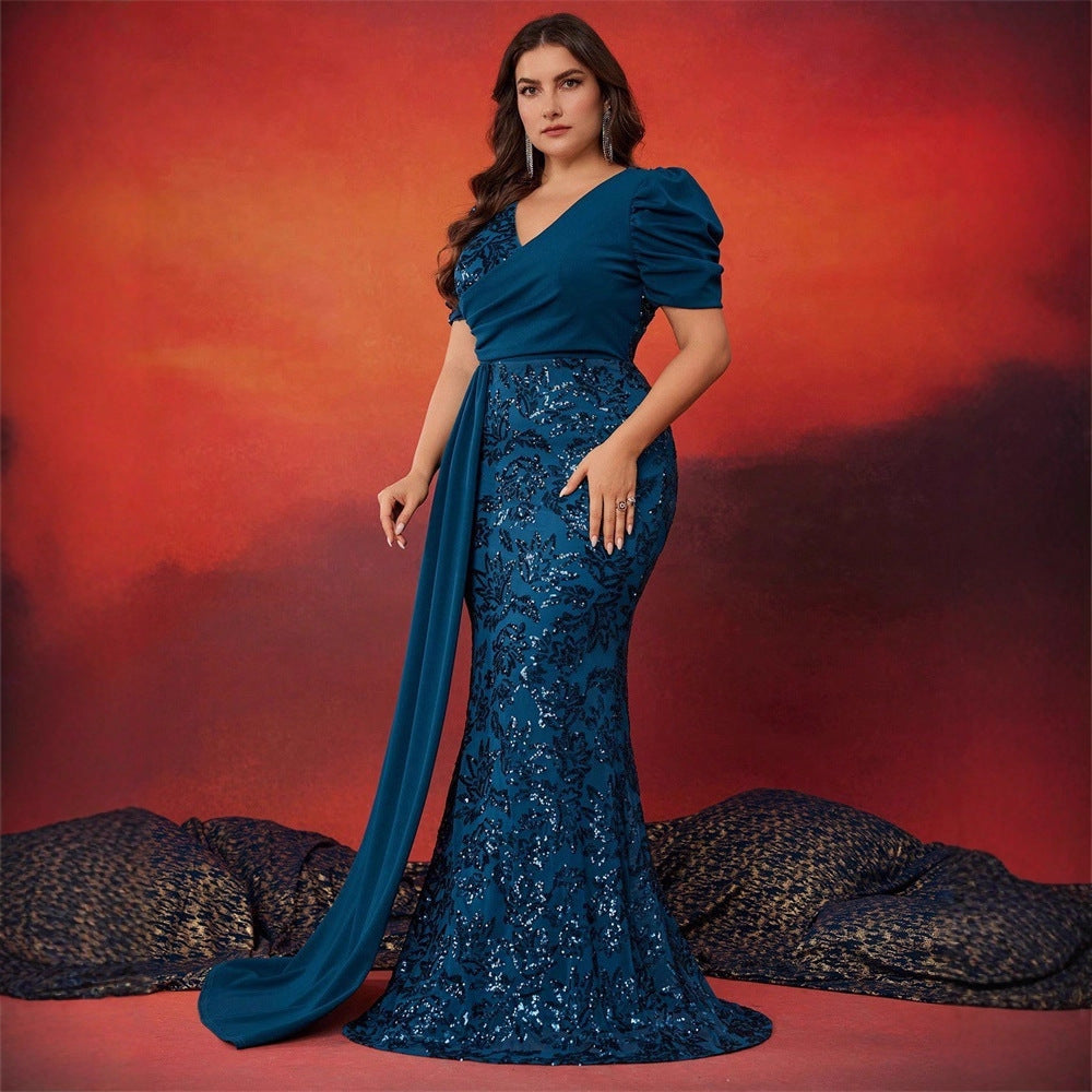 Plus Size Elegant Sequin V-Neck Short Sleeve Cocktail Party Dress for Women