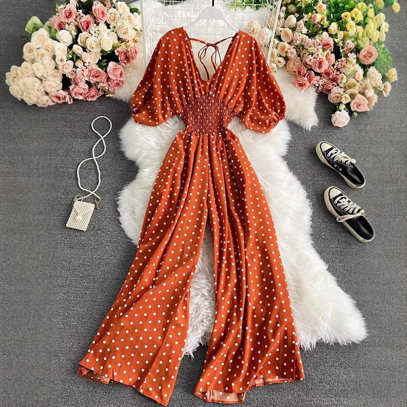 Women's Sexy V-Neck Batwing Sleeve Waist-Cinching Slimming Polka Dot Print Jumpsuit
