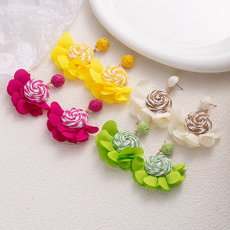 Beach Boho Raffia Flower Hook Earrings