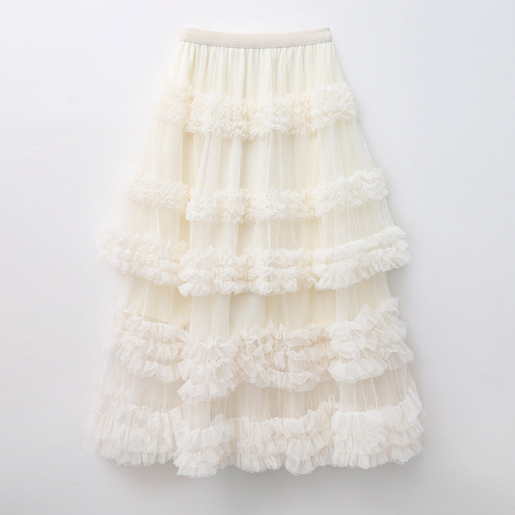 Layered Tulle Skirt - High Waist Ruffled Lace Trim Semi-Formal Skirt