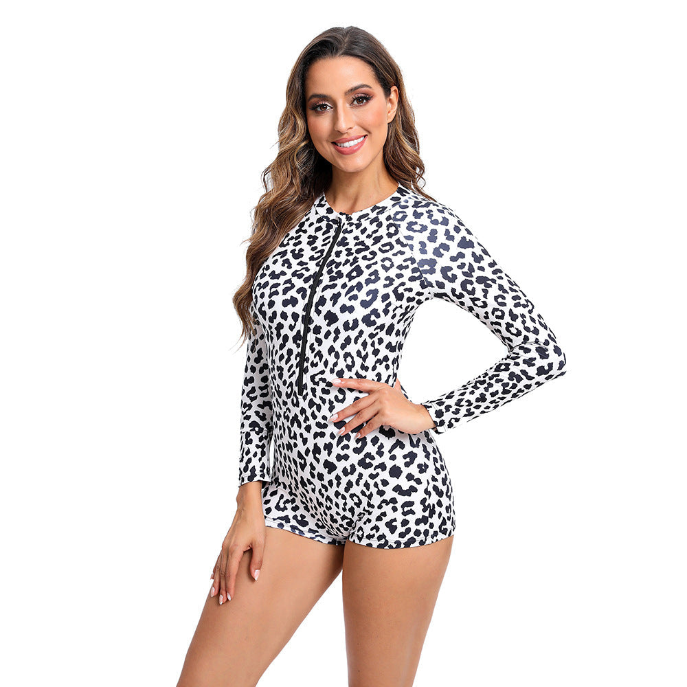 Leopard Print Long Sleeve Zip-Up One-Piece Swimsuit