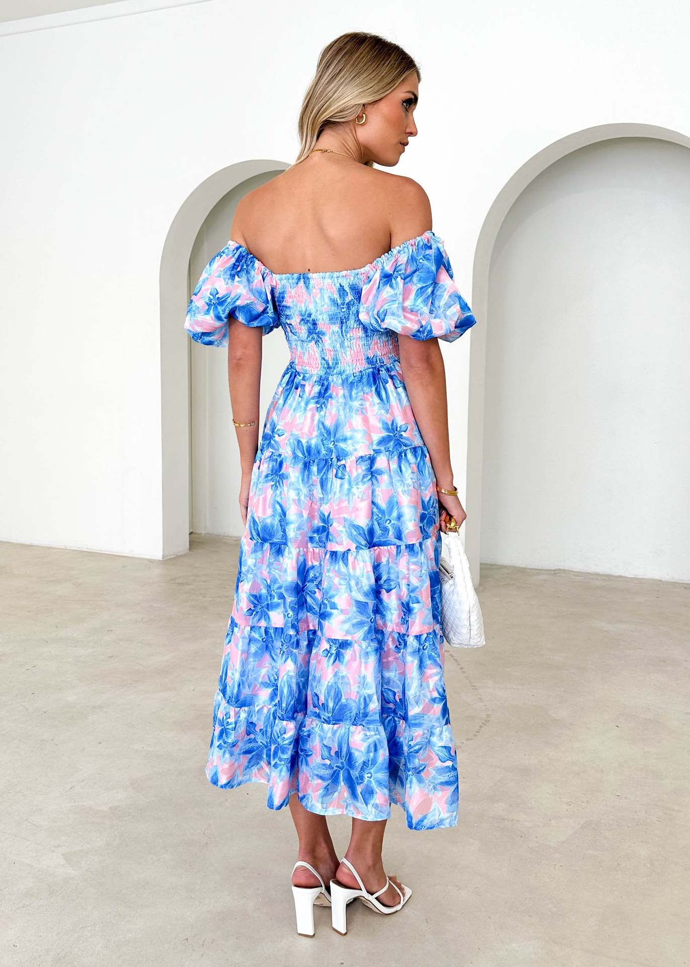 Spring Summer Off-Shoulder Floral Print Puff Sleeve Dress