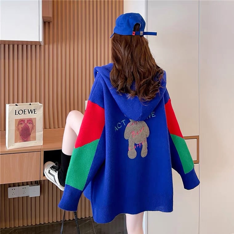 Women's Longline Color-Block Hooded Cardigan – Oversized Chunky Knit Sweater Coat