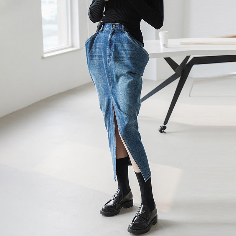 High-Waisted Long A-Line Denim Skirt