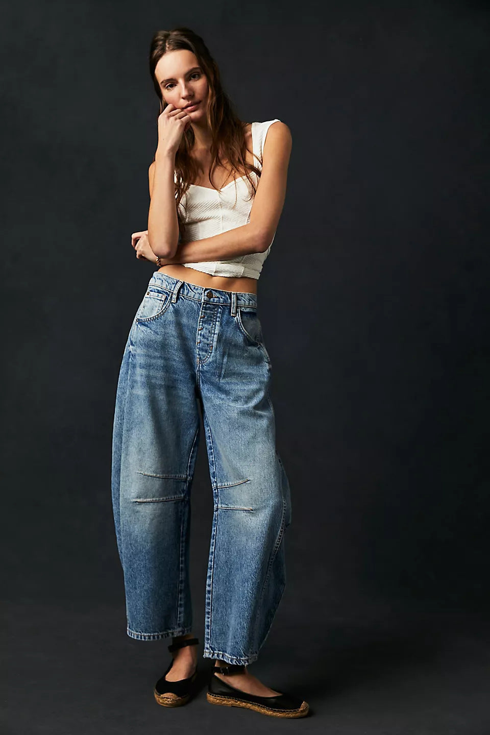 High-Waist Loose Fit Draped Wide Leg Jeans