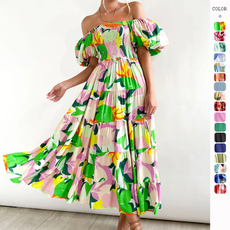 Flutter Sleeve High Waist Off-Shoulder Print Dress