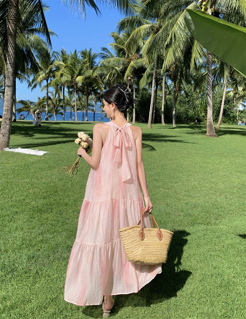 Sweet & Stylish Tie-Front Halter Sundress – Oversized Pink Tie-Dye Maxi Dress-Pink-S-Free Shipping Leatheretro