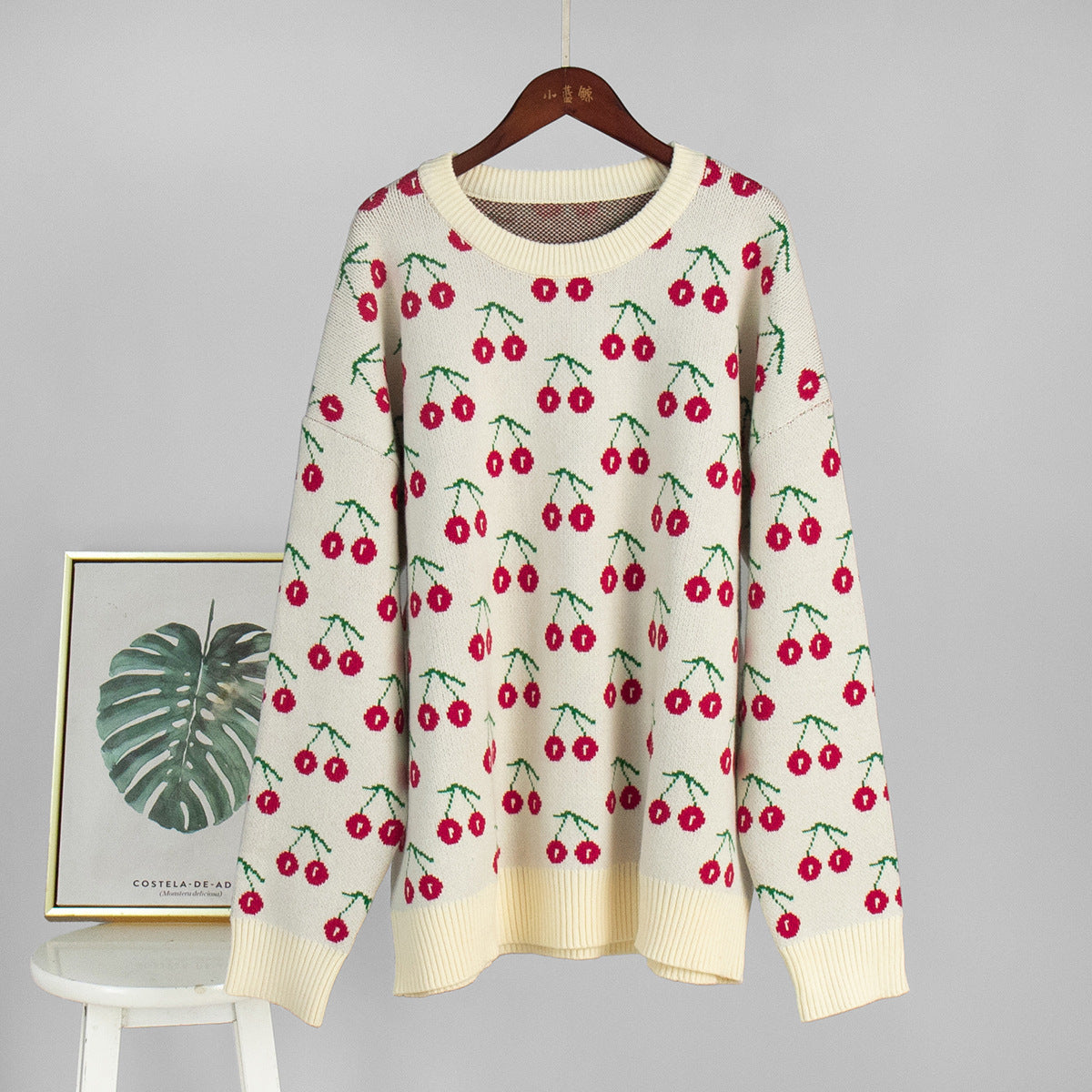 Sweet Cherry Print Sweater - Loose Knit Oversized Pullover