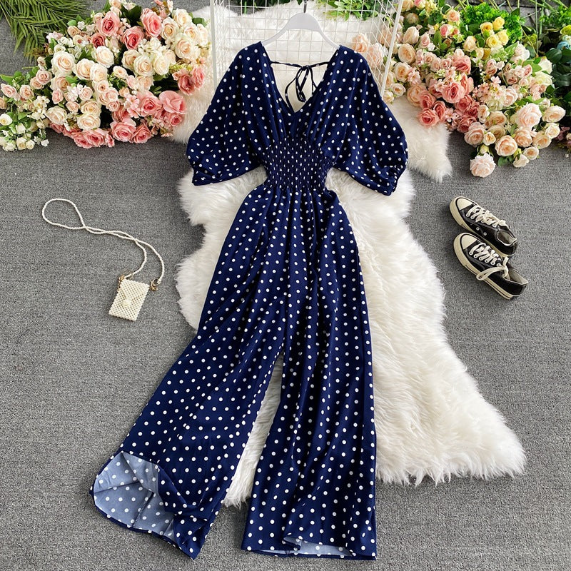 Women's Sexy V-Neck Batwing Sleeve Waist-Cinching Slimming Polka Dot Print Jumpsuit