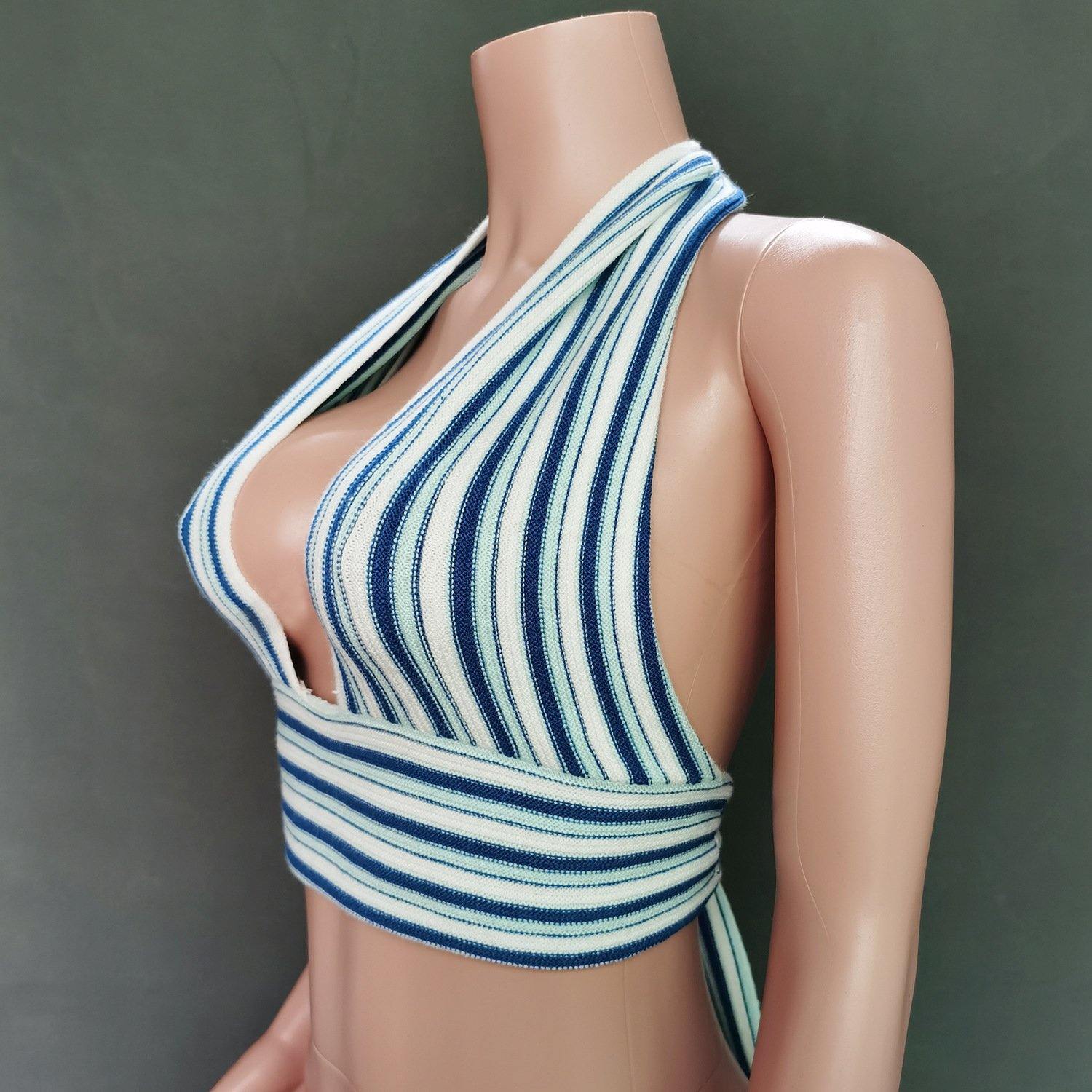 Striped Deep V-Neck Backless Women Tops-STYLEGOING