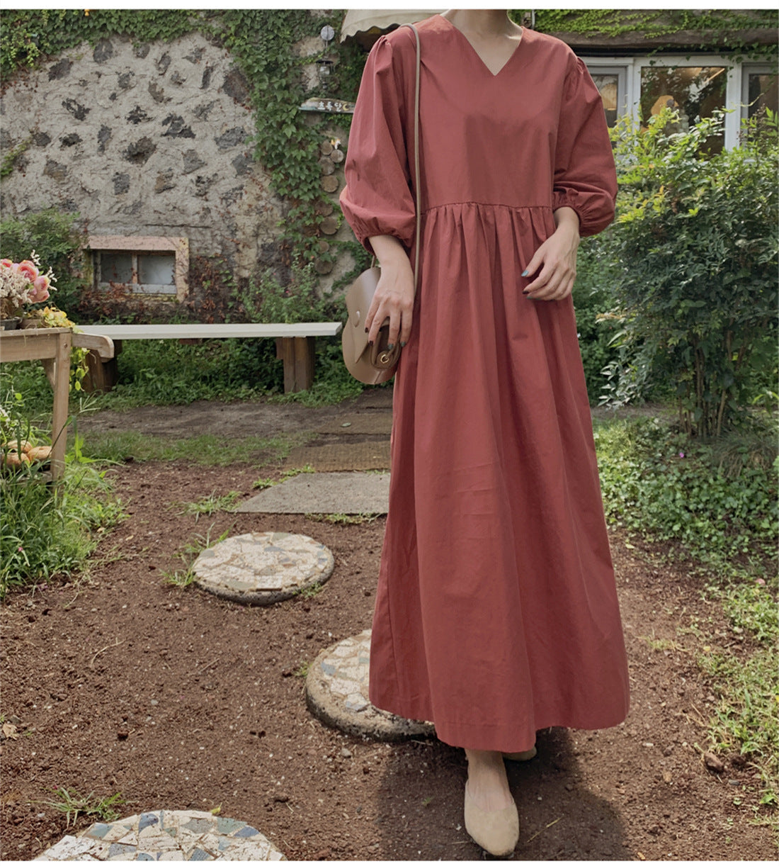 Casual Vintage Women Lantern Sleeves Fall Long Dress-Cozy Dresses-Brick Red-S-Free Shipping at meselling99