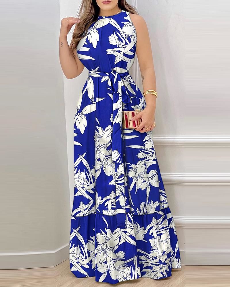 Summer Off-Shoulder Tie-Front Floral Print Ruffle Dress