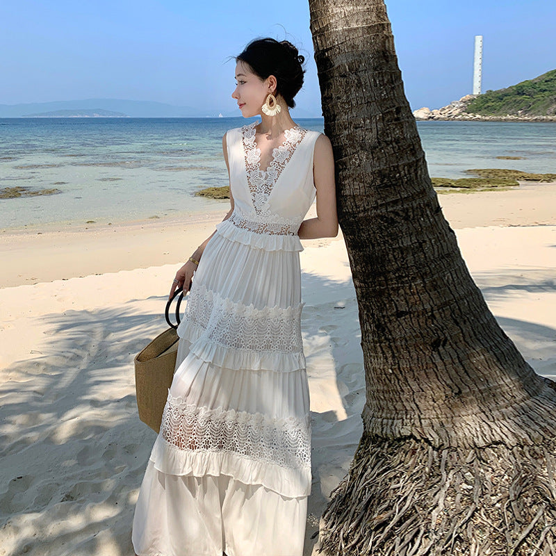 White Lace Cutout Dress -  Boho Summer Sundress for Vacations