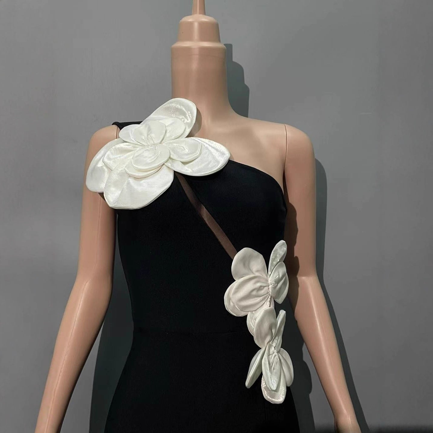 Elegant Off-Shoulder Bandage Dress with 3D Floral Details