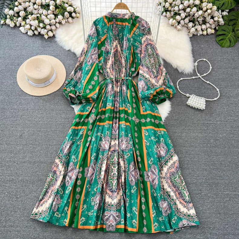 Retro Palace Style Lantern Sleeve Round Neck A-Line Floral Print Button-Down Waist Dress
