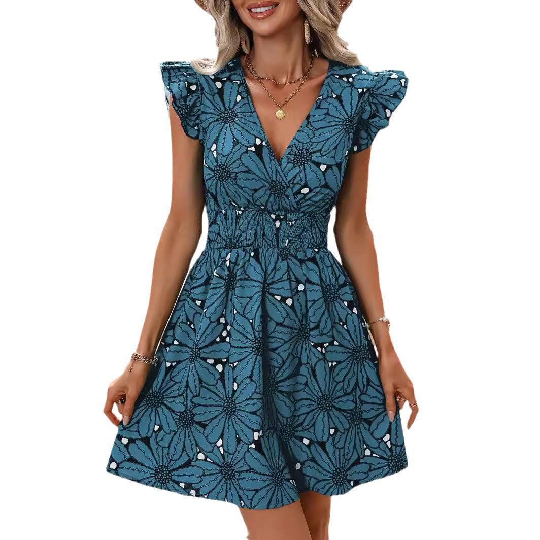 Women's Summer V-Neck Waist-Cinching Sexy Floral Ruffle Sleeveless Dress