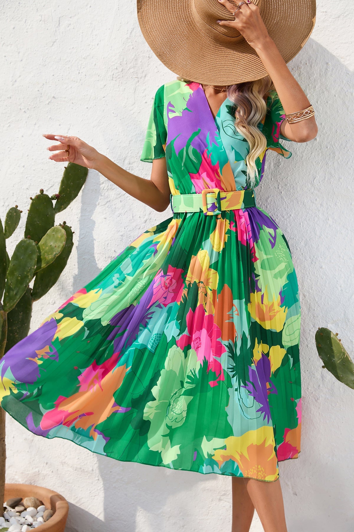 Summer Floral Print Crinkle Midi Short Sleeve Dress