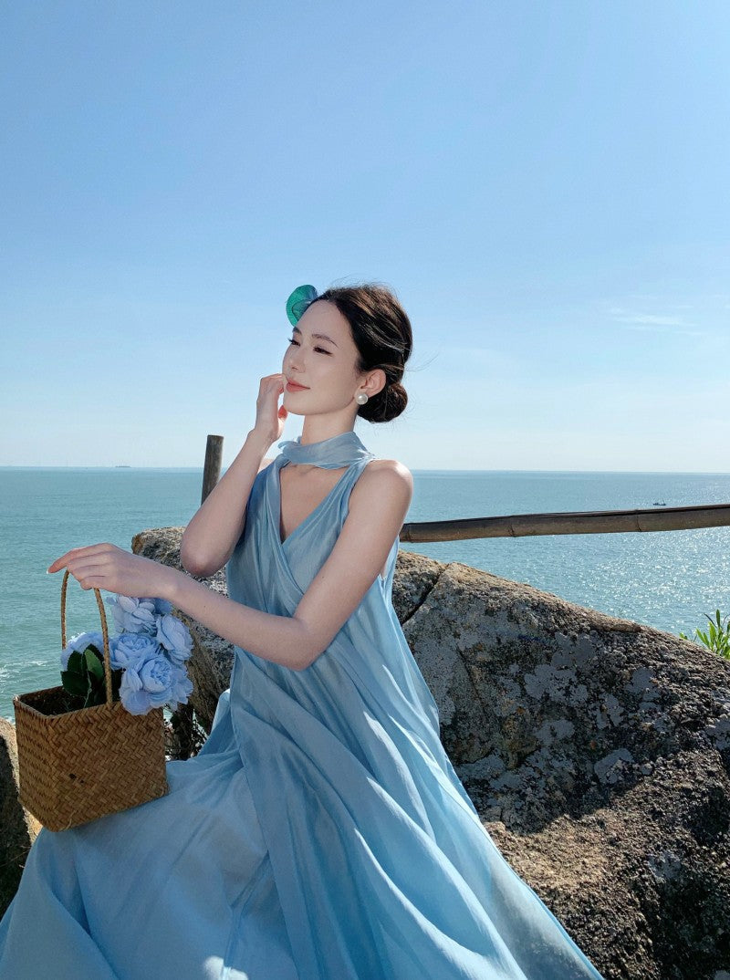 Ethereal Tie-Neck Maxi Dress – Flowy Goddess Silhouette with Elegant Sash Detail