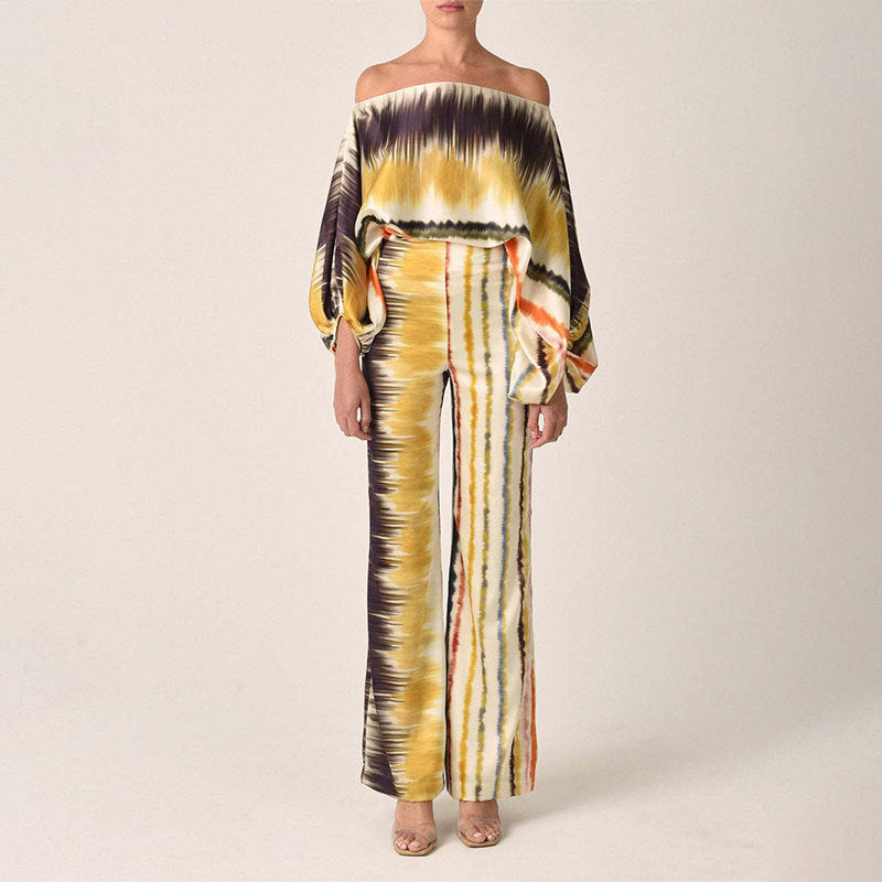 Women's Printed Round Neck Batwing Sleeve Top & Wide-Leg Pants Set