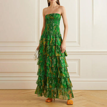 Designed Green Elegant Off-Shoulder Strapless Chiffon Maxi Dress