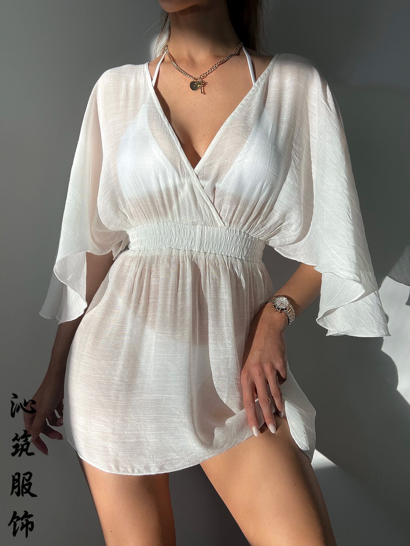 Sexy Backless Beach Dress – High-Waist Short Sleeve Wrap Shirt for Women