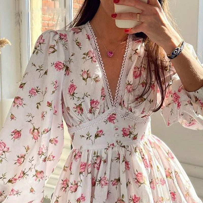 Sweet & Elegant Floral Print V-Neck Lace Dress