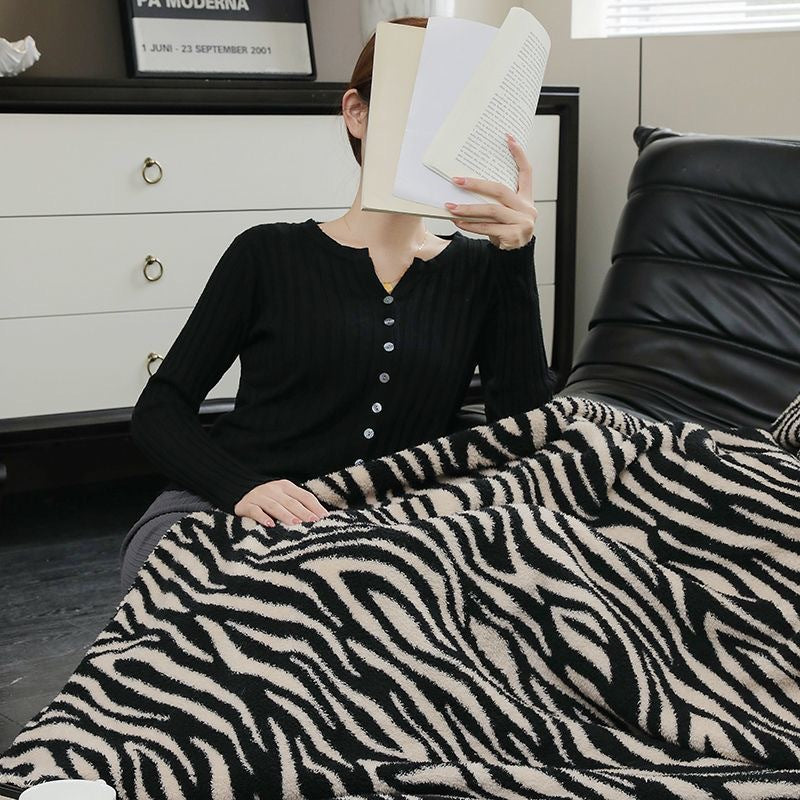 Zebra Print Sofa Knit Blanket – Reversible Flannel Throw for Office, Nap, Travel & Home