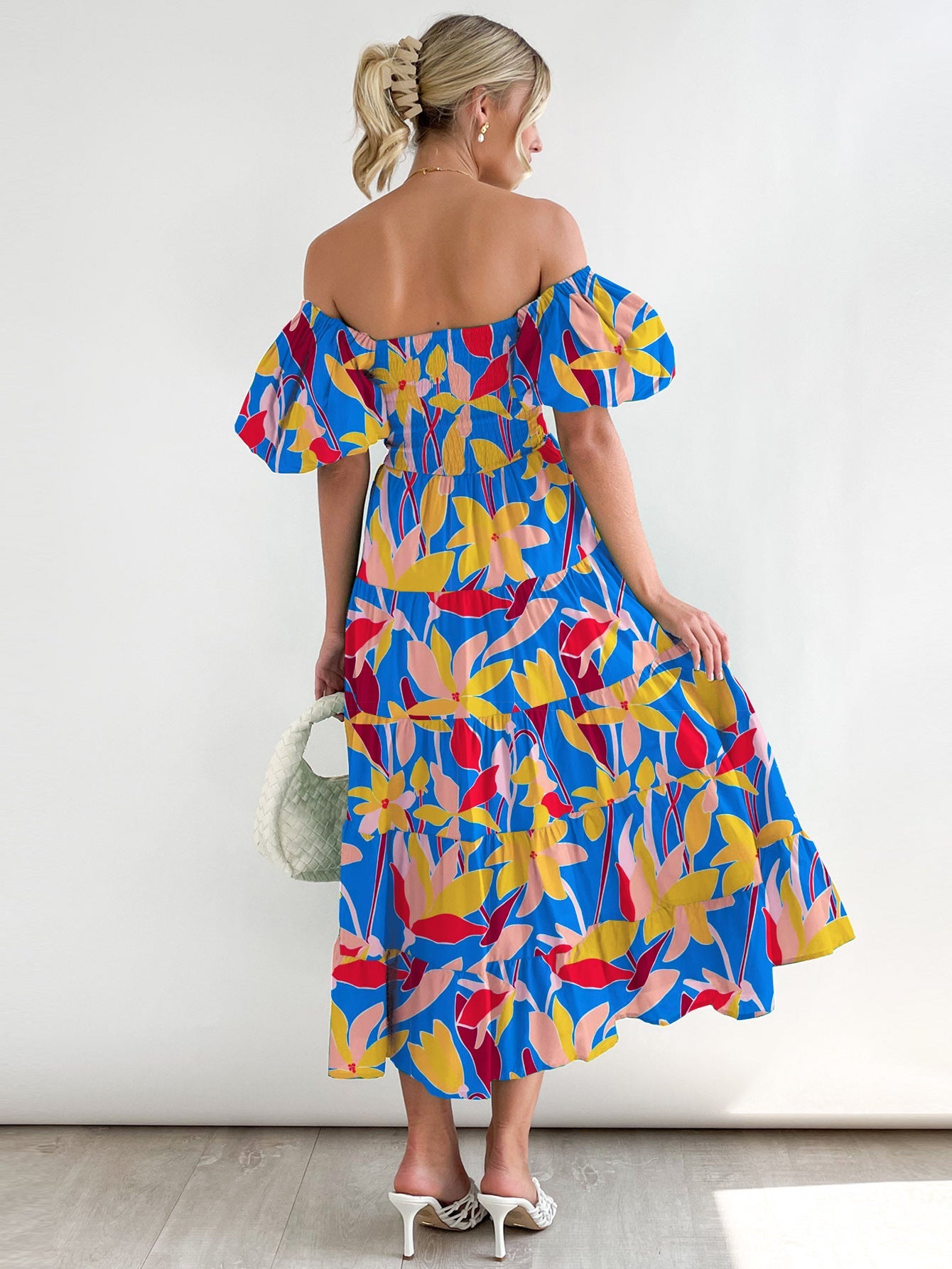 Spring Summer Off-Shoulder Floral Print Puff Sleeve Dress