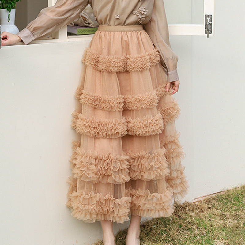 Layered Tulle Skirt - High Waist Ruffled Lace Trim Semi-Formal Skirt