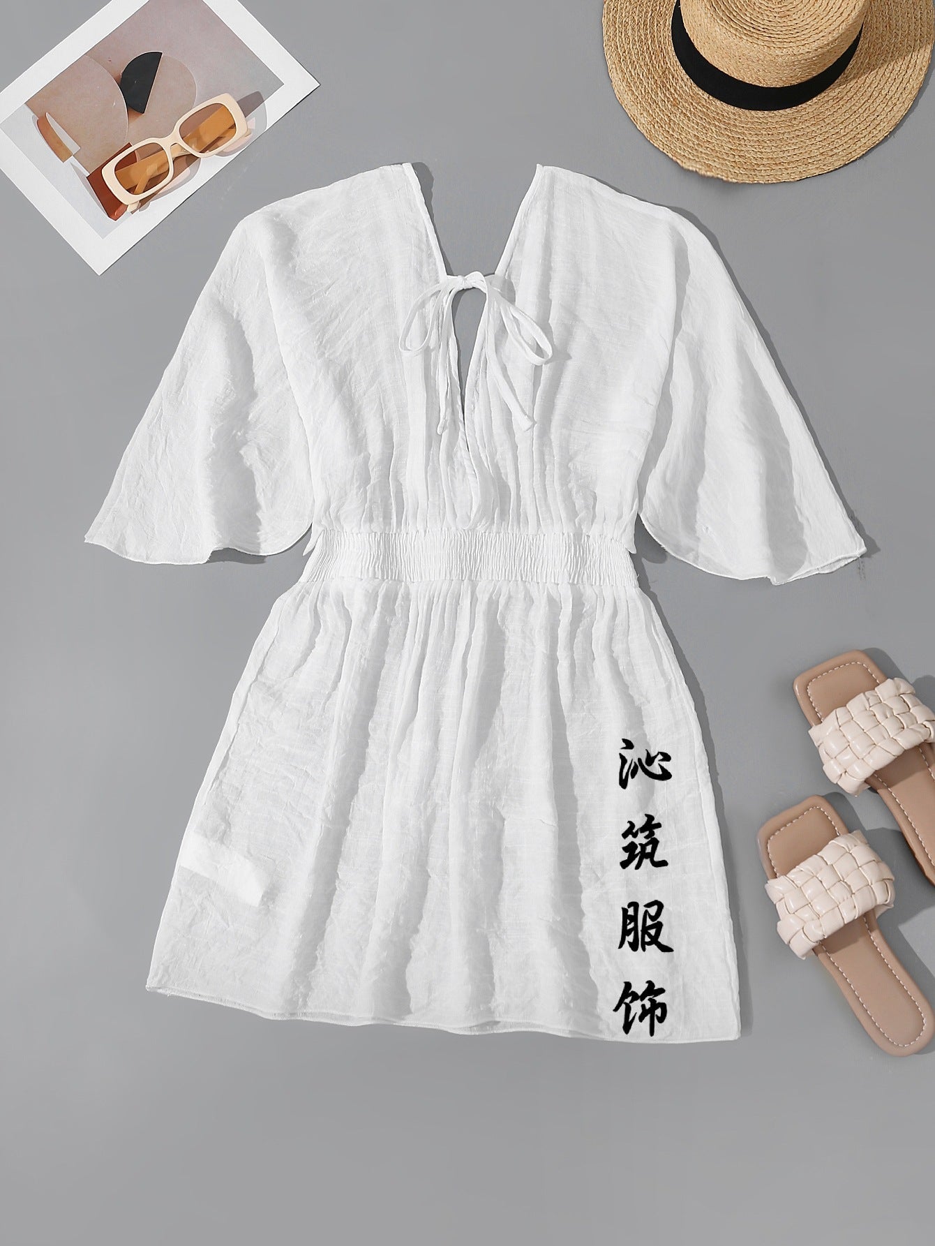 Sexy Backless Beach Dress – High-Waist Short Sleeve Wrap Shirt for Women