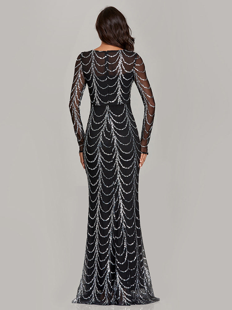 Elegant Mermaid Evening Gown – Sequined Long Sleeve Round Neck Party Dress