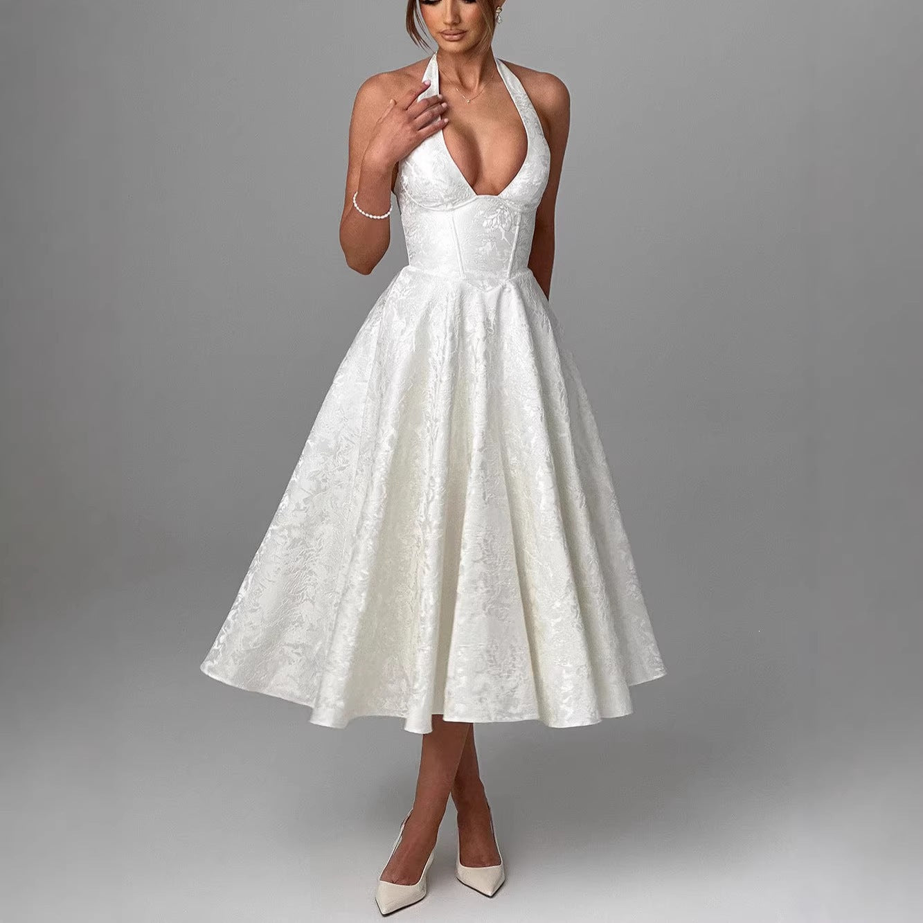Backless Halter Jacquard Midi Dress