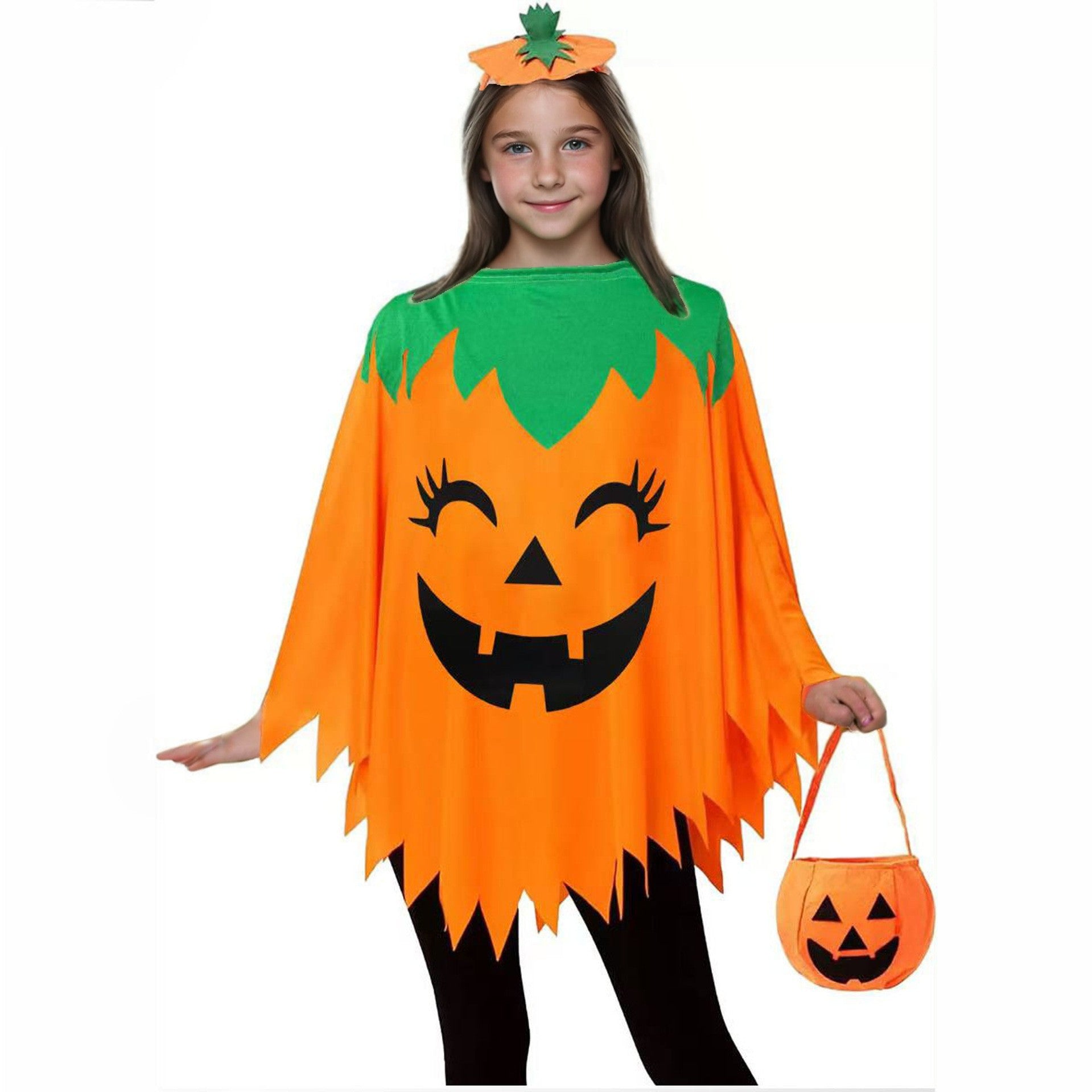 Halloween Pumpkin Cloak Costume Set with Headband and Candy Bag
