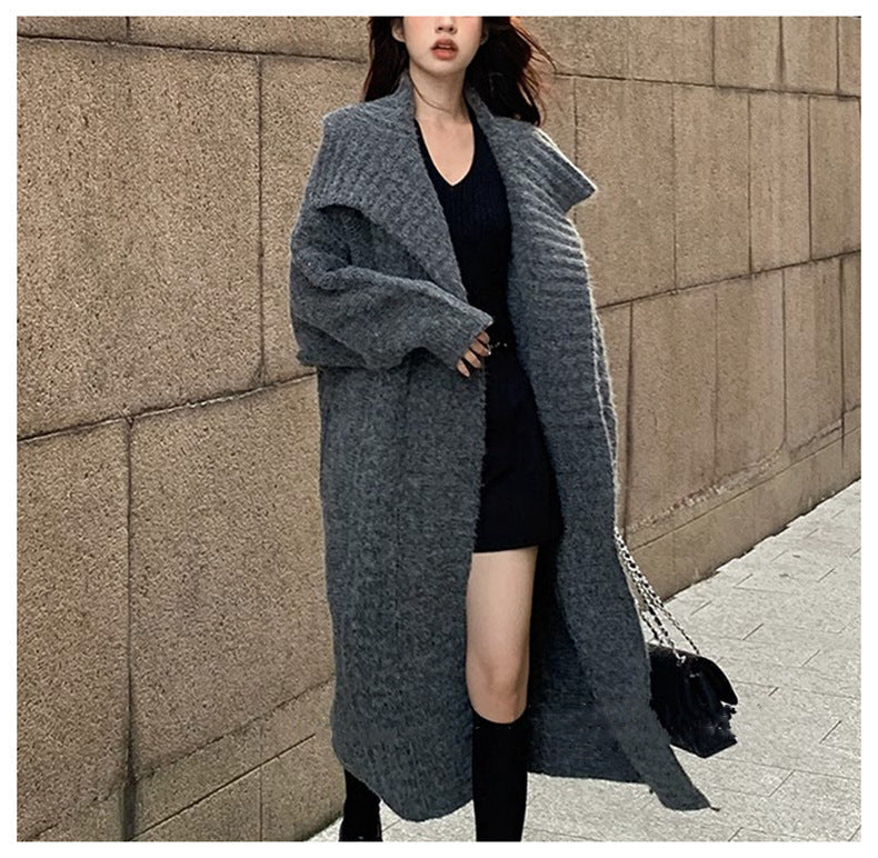 Vintage Turnover Collar Long Knitted Coats