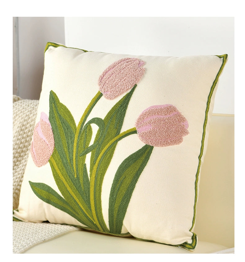 Embroidered Tulip Flower Pillow Cover