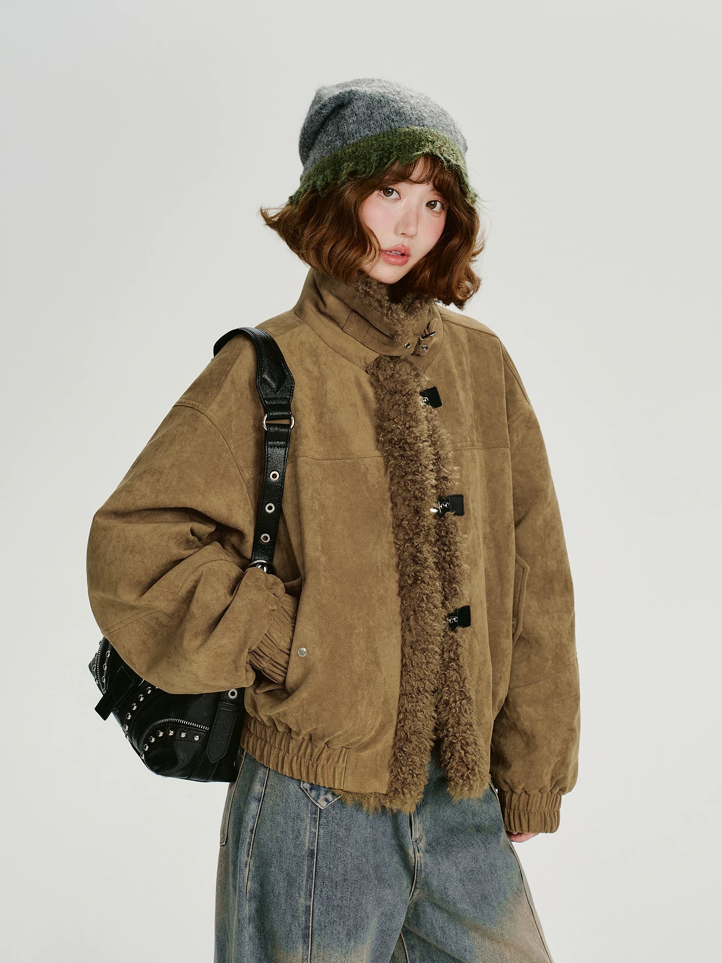 Girlyhalo Vintage Suede & Faux Shearling Patchwork Winter Coat