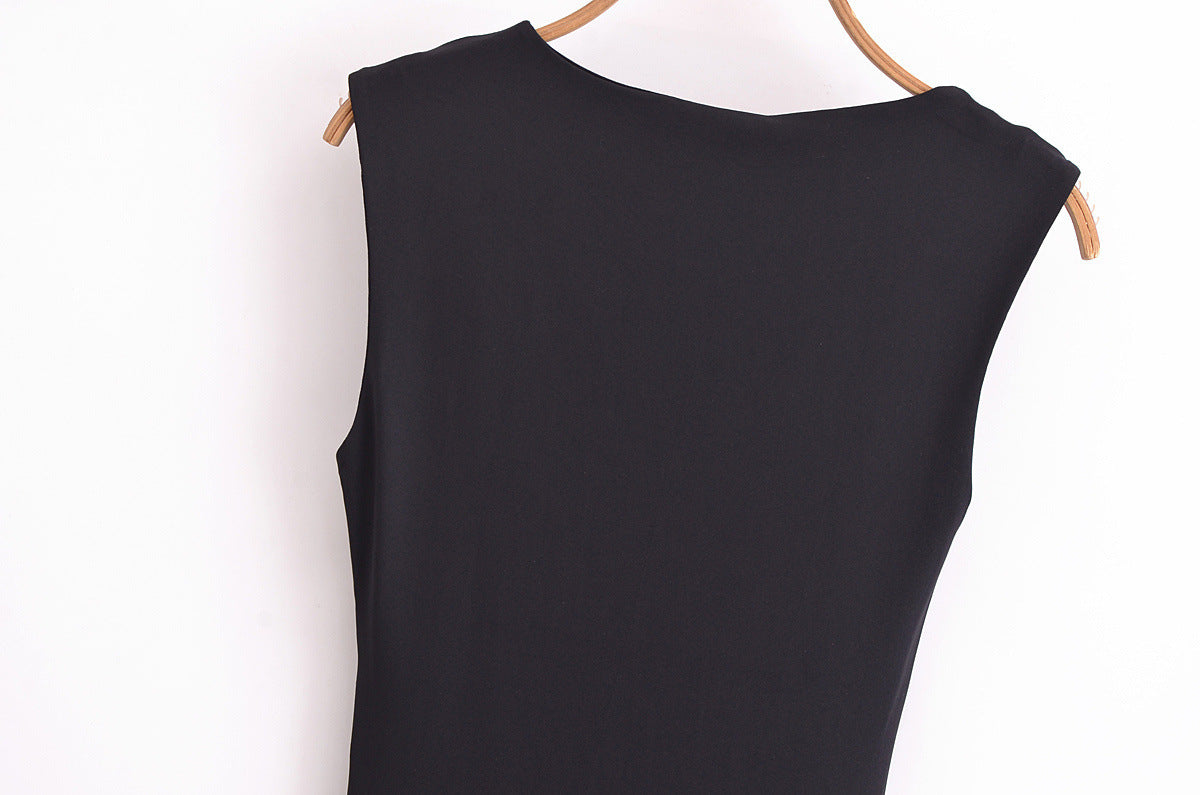 Gold Trim Asymmetrical Neckline Sleeveless Midi Dress