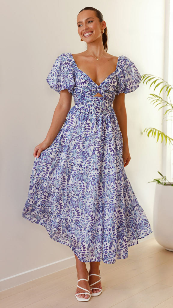 Elegant Floral Print Puff Sleeve Dress