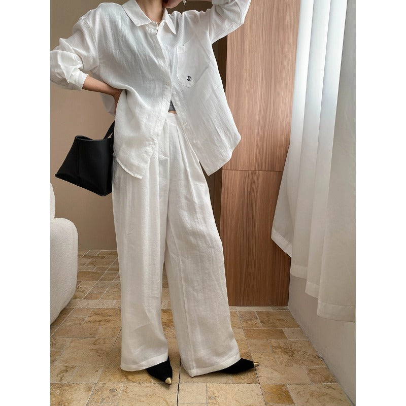 Luxury 100% Linen Sun Protection Shirt & Wide-Leg Pants Set – Breathable & Stylish